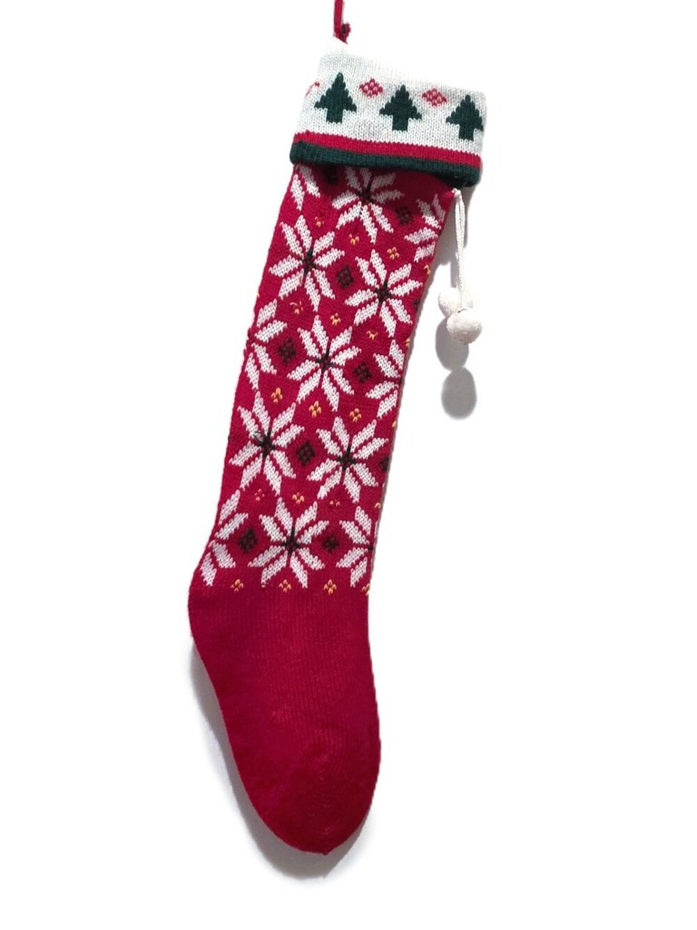 Vintage Acrylic Knit Christmas Stocking 22" Long Red White Poinsettia Green Tree